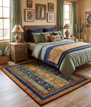 Green Gold Blue Striped Wool Area Rug 4x6 - Hand Knotted