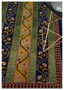 Green Gold Blue Striped Wool Area Rug 4x6 - Hand Knotted