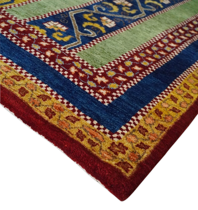 4x6 Green, Gold and Blue Striped Wool Hand Knotted Southwestern Lori Gabbeh Rug | KNT54