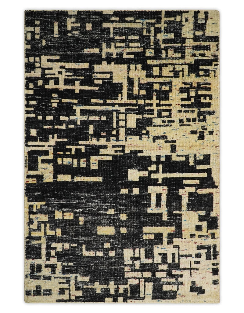 4x6 Hand Knotted Camel and Black Modern Abstract Contemporary Recycled Silk Area Rug | OP54