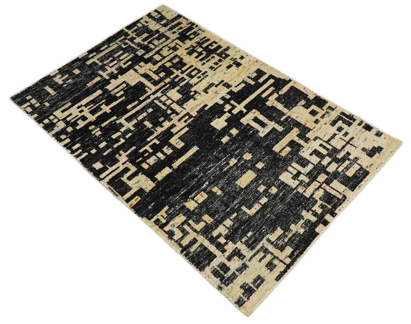 4x6 Hand Knotted Camel and Black Modern Abstract Contemporary Recycled Silk Area Rug | OP54