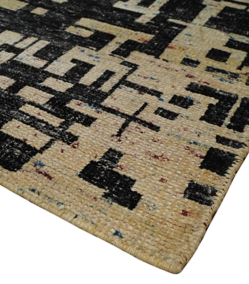 4x6 Hand Knotted Camel and Black Modern Abstract Contemporary Recycled Silk Area Rug | OP54