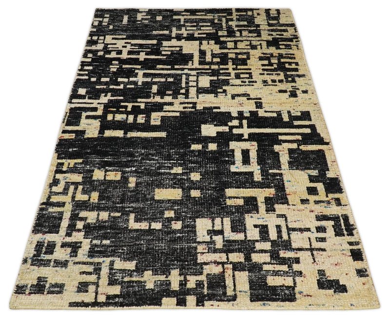 4x6 Hand Knotted Camel and Black Modern Abstract Contemporary Recycled Silk Area Rug | OP54