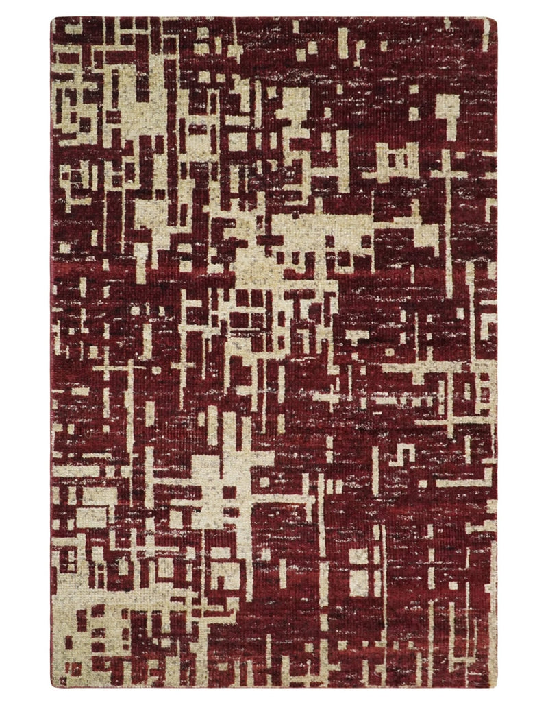 4x6 Hand Knotted Camel and Maroon Modern Abstract Contemporary Recycled Silk Area Rug | OP64