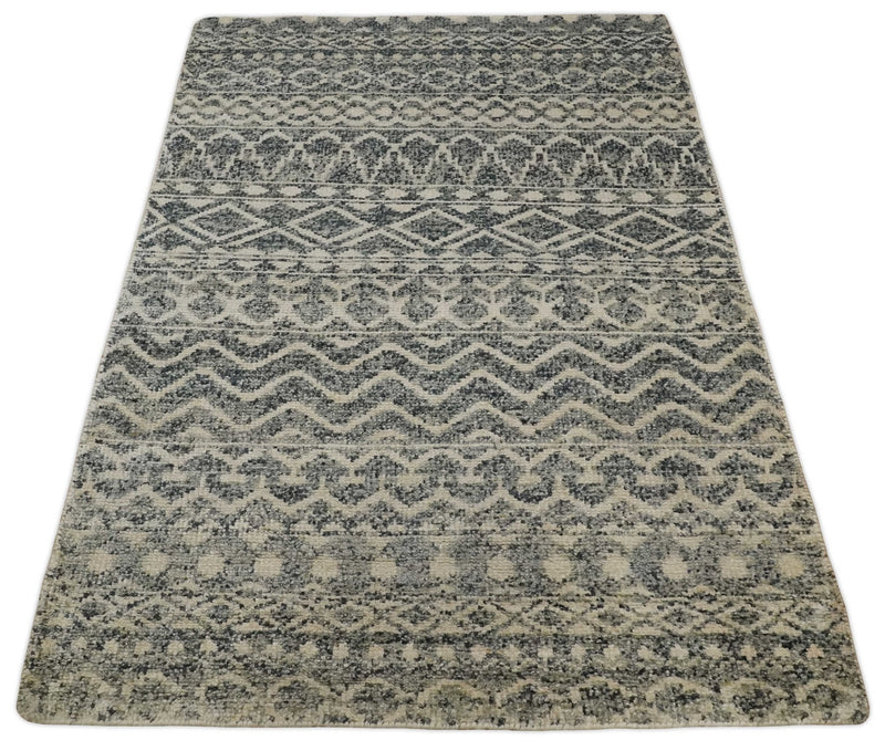 4x6 Hand Knotted Ivory, Black and Gray Modern Contemporary Southwestern Tribal Trellis Recycled Silk Area Rug | OP56