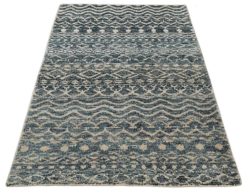 4x6 Hand Knotted Ivory, Beige and Blue Modern Contemporary Southwestern Tribal Trellis Recycled Silk Area Rug | OP55