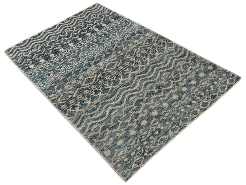 4x6 Hand Knotted Ivory, Beige and Blue Modern Contemporary Southwestern Tribal Trellis Recycled Silk Area Rug | OP55