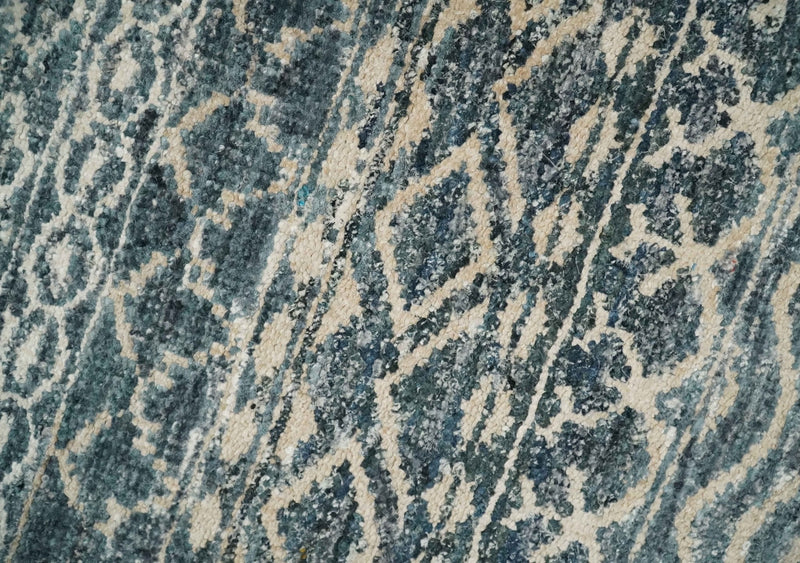 4x6 Hand Knotted Ivory, Beige and Blue Modern Contemporary Southwestern Tribal Trellis Recycled Silk Area Rug | OP55