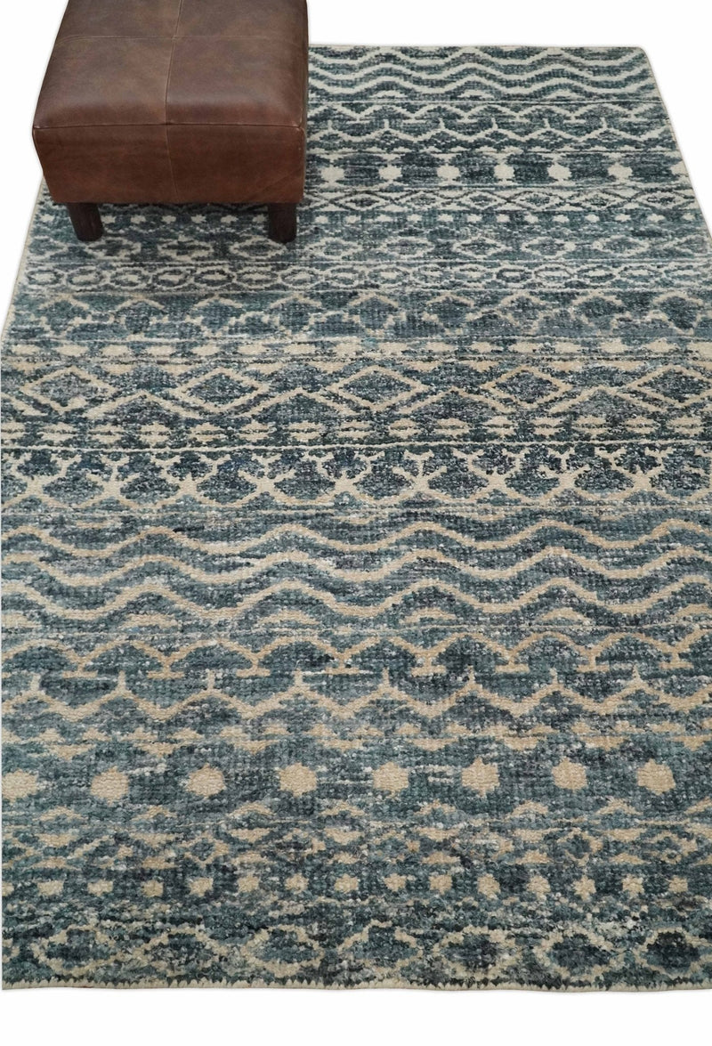 4x6 Hand Knotted Ivory, Beige and Blue Modern Contemporary Southwestern Tribal Trellis Recycled Silk Area Rug | OP55