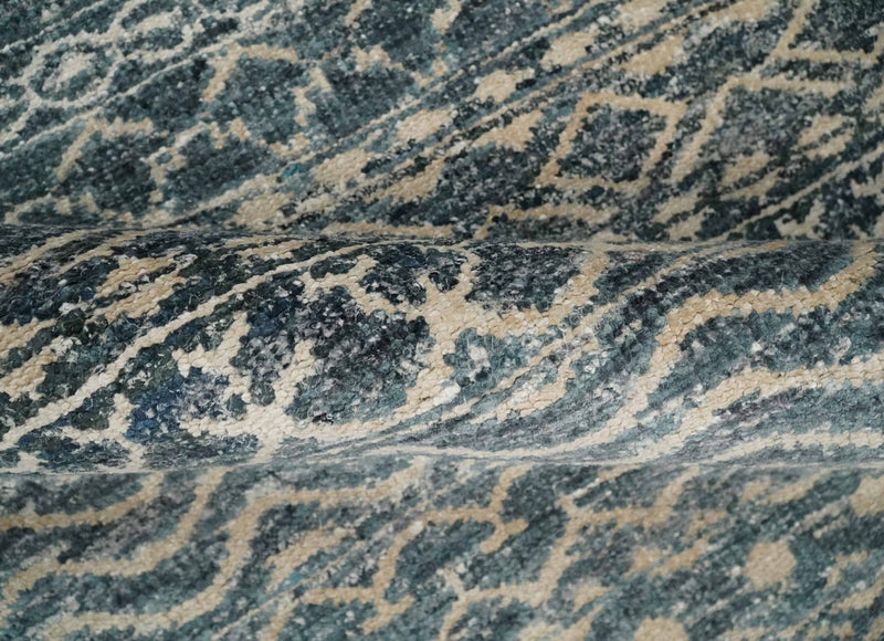 4x6 Hand Knotted Ivory, Beige and Blue Modern Contemporary Southwestern Tribal Trellis Recycled Silk Area Rug | OP55