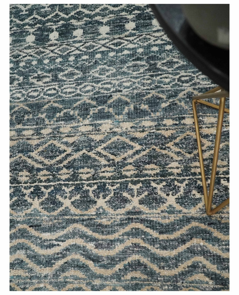 4x6 Hand Knotted Ivory, Camel and Blue Modern Contemporary Southwestern Tribal Trellis Recycled Silk Area Rug | OP55