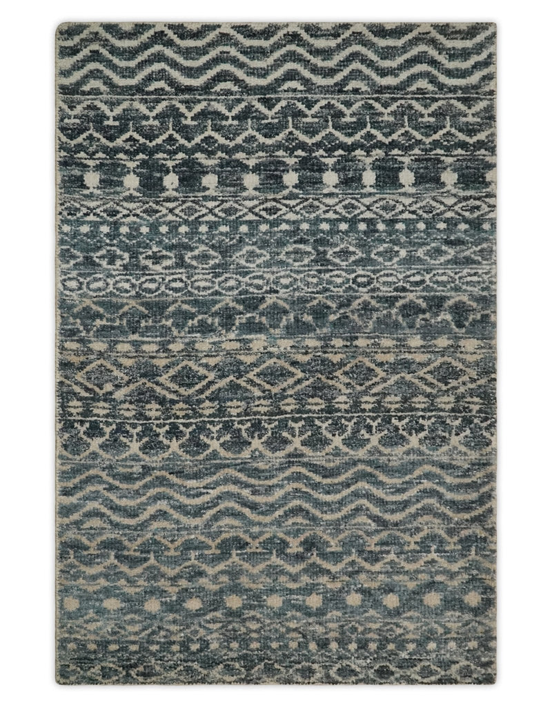 4x6 Hand Knotted Ivory, Beige and Blue Modern Contemporary Southwestern Tribal Trellis Recycled Silk Area Rug | OP55