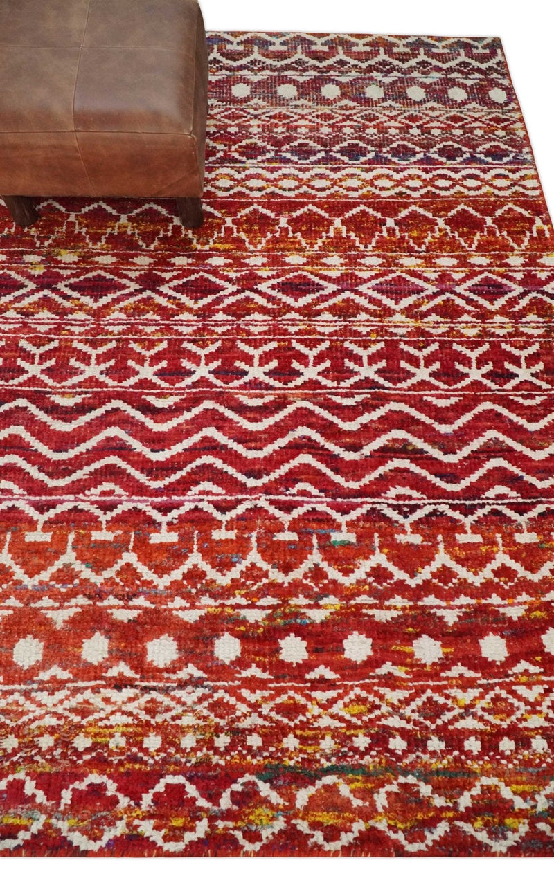 4x6 Hand Knotted Red and White Modern Contemporary Southwestern Tribal Trellis Recycled Silk Area Rug | OP60