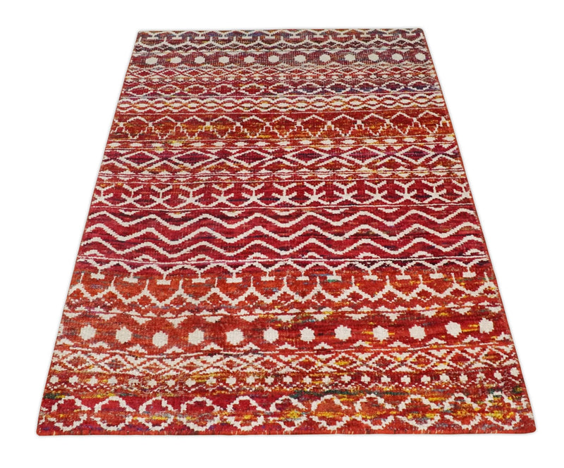 4x6 Hand Knotted Red and White Modern Contemporary Southwestern Tribal Trellis Recycled Silk Area Rug | OP60