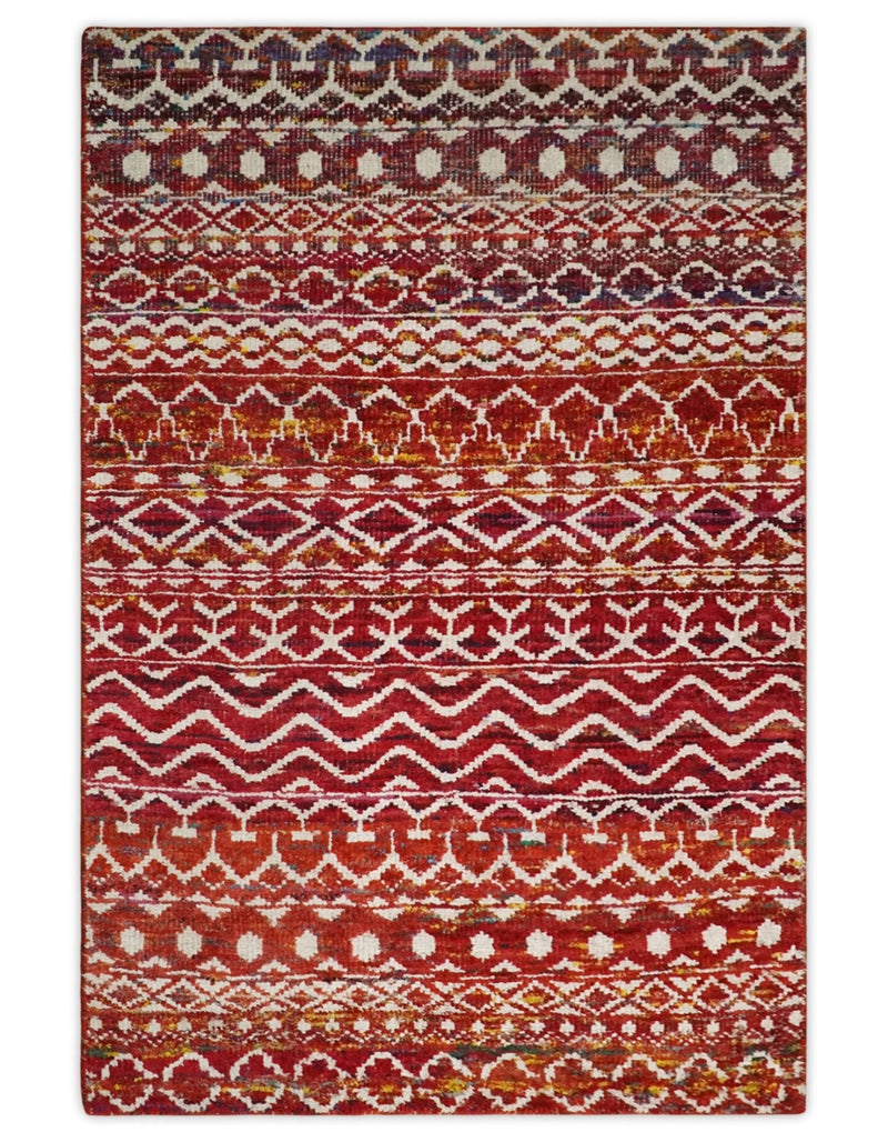 4x6 Hand Knotted Red and White Modern Contemporary Southwestern Tribal Trellis Recycled Silk Area Rug | OP60