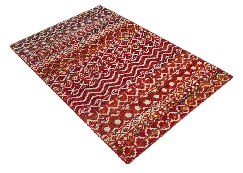 4x6 Hand Knotted Red and White Modern Contemporary Southwestern Tribal Trellis Recycled Silk Area Rug | OP60