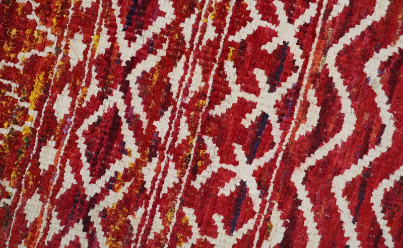 4x6 Hand Knotted Red and White Modern Contemporary Southwestern Tribal Trellis Recycled Silk Area Rug | OP60