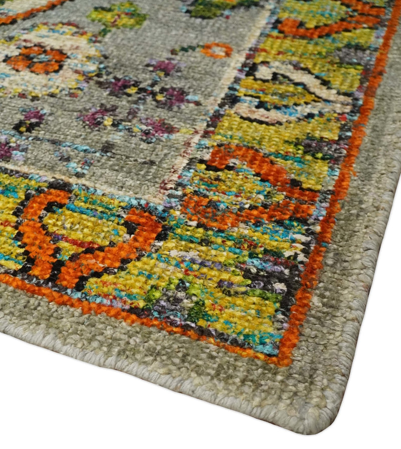 4x6 Hand Knotted Silver, Yellow and Orange Persian Oushak made of Recycled Silk Area Rug | OP58