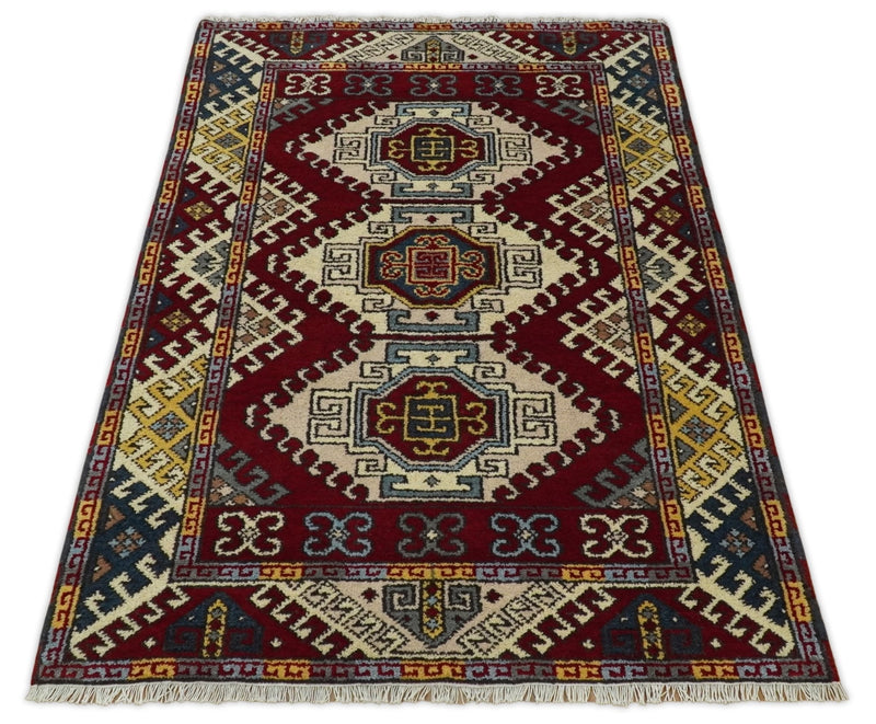 4x6 Hand Knotted traditional Kazak Ivory and Rust Traditional Tribal Armenian Rug | KZA9