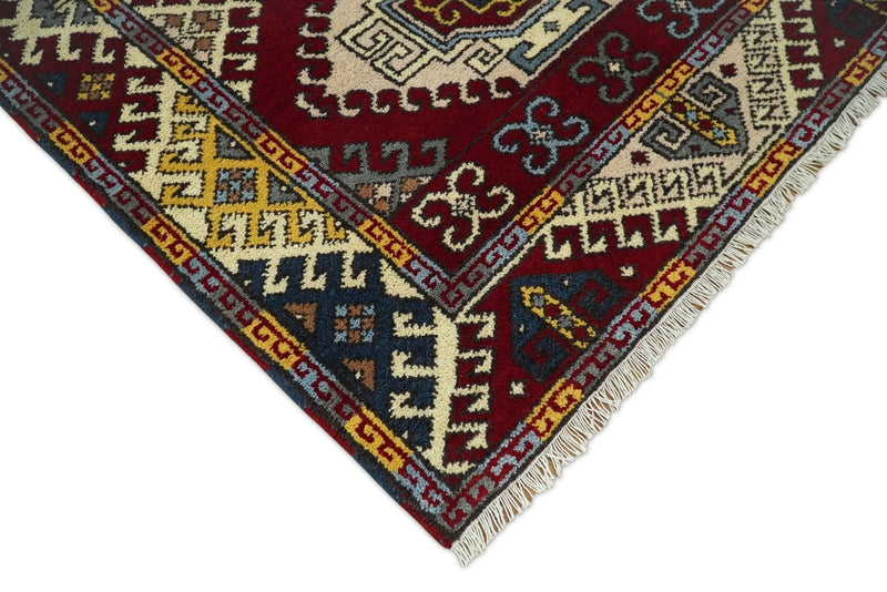 4x6 Hand Knotted traditional Kazak Ivory and Rust Traditional Tribal Armenian Rug | KZA9