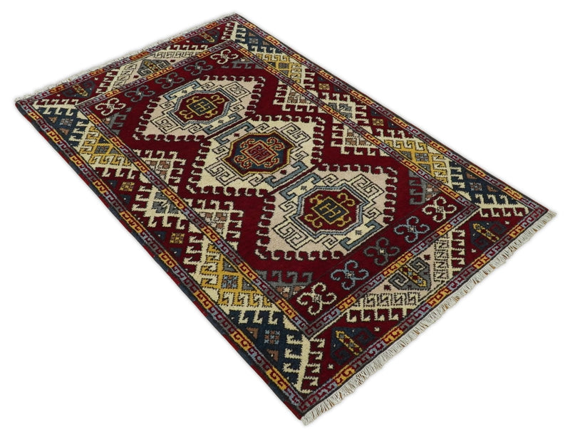 4x6 Hand Knotted traditional Kazak Ivory and Rust Traditional Tribal Armenian Rug | KZA9