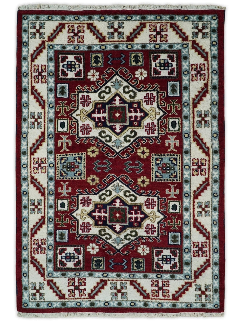 4x6 Hand Knotted traditional Kazak Rust and Ivory Traditional Tribal Armenian Rug | KZA10