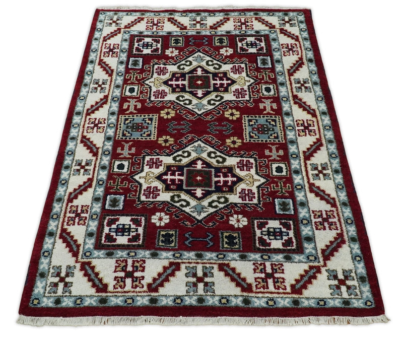4x6 Hand Knotted traditional Kazak Rust and Ivory Traditional Tribal Armenian Rug | KZA10