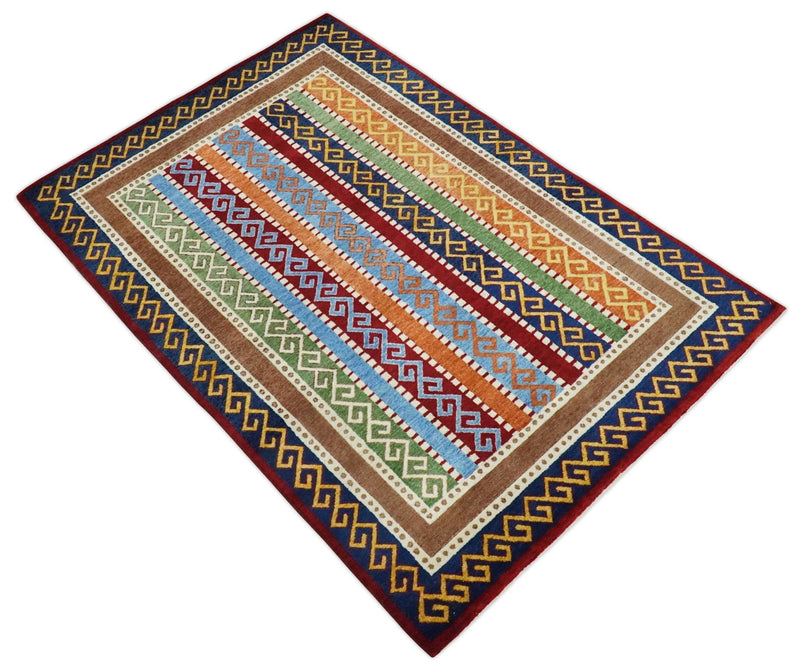 4x6 Multi-colour Striped Wool Hand Woven Southwestern Gabbeh Rug | KNT16