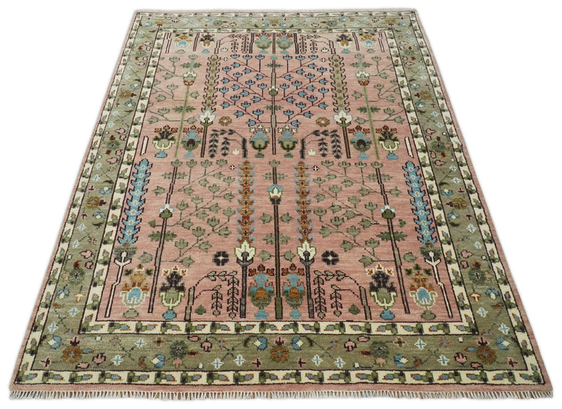 4x9 Pink, Olive and Beige Traditional Wool Rug, Kids, Living Room and Bedroom Rug