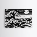 Black and White Wave Canvas Print, Hokusai Inspired Wall Art, Woodblock Print Style, Wall Art, Vintage Style Wall Art