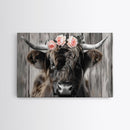 Framed Canvas Wall Art, Cute Highland Cow Print, Modern Wall Art Farmhouse Decor, Fun Rustic Farmhouse Art, Life On The Farm, Cow and Flower