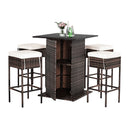 5 PCS Patio Rattan Bar Table Stool Set With Hidden Storage Shelf & Cushions (SAK14645)