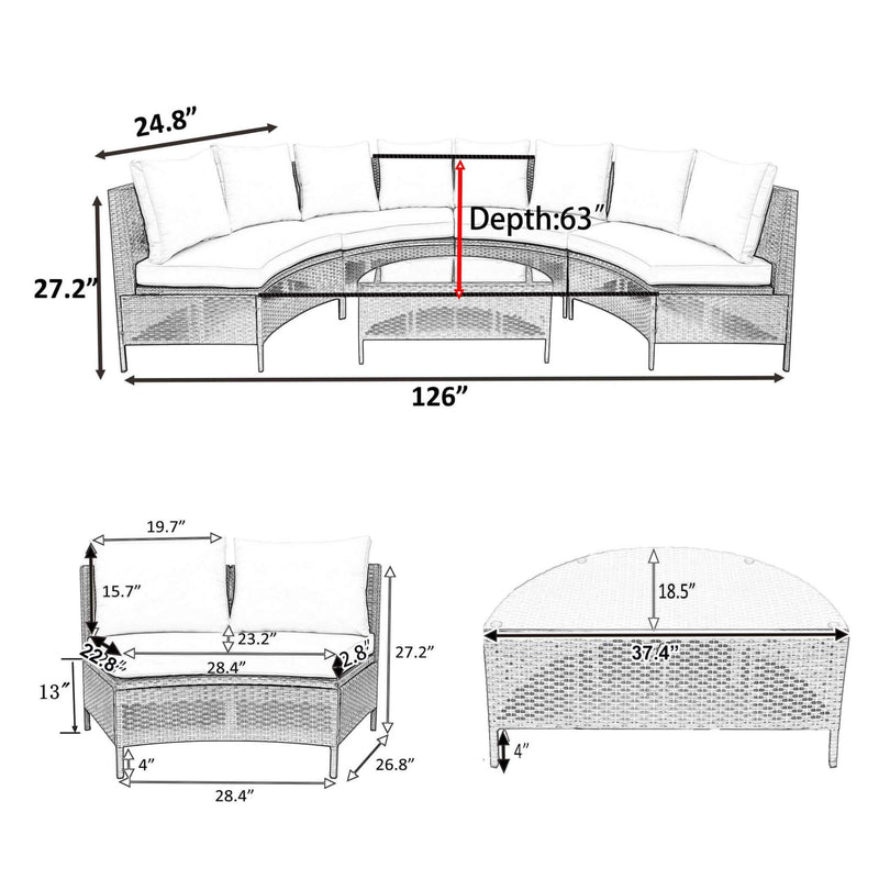 Alora Premium 5-Piece All-Weather Half-Moon Outdoor Rattan Wicker Patio Sectional Sofa Furniture Set With Tempered Glass Table (SAK32615)