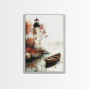 Lighthouse In The Fall, Framed Canvas Print, Fall Decor, Autumn Centerpiece Art, Boho Minimalist Style Wall Art