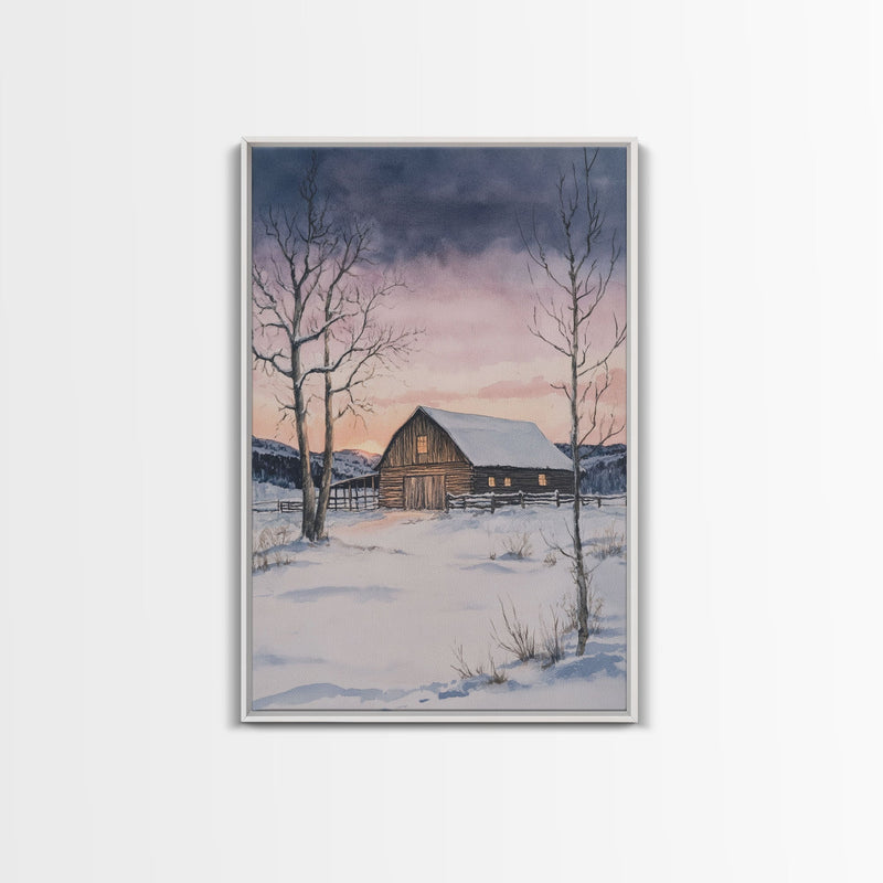 Barn In The Winter, Framed Canvas Print, Winter Landscape Print, Rustic Christmas Art, Primitive Decor