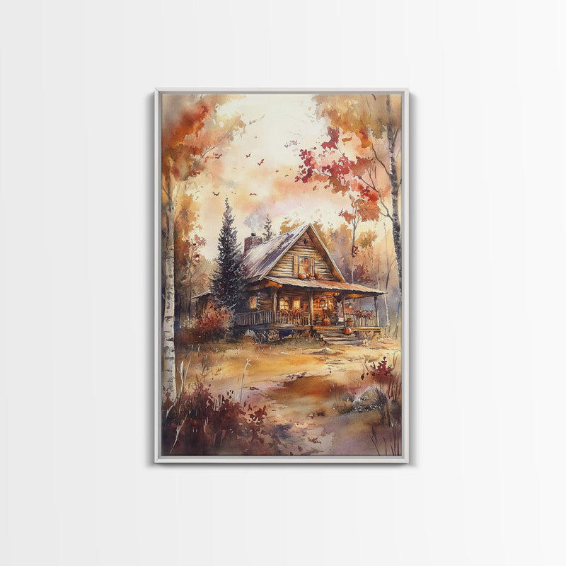 Beautiful Woods Cabin Framed Canvas Print, Extra Large Fall Decor, Mid Century Modern Autumn Wall Art, Modern Christmas