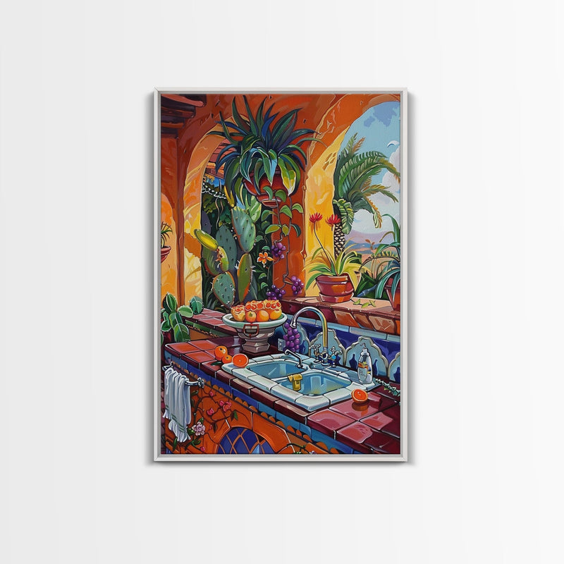 Vibrant Mexican Kitchen With Cactus And Fruit Framed Canvas Print Southwestern Art Best Gift Home Decor Bright Interior Wall Art