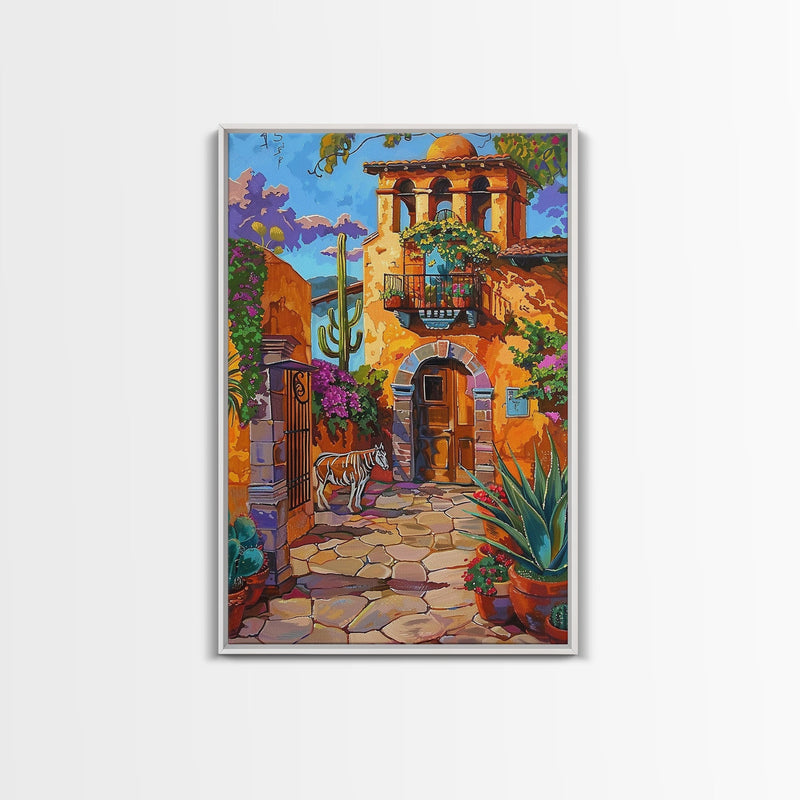 Bright Mexican Style Courtyard Tall Art Framed Canvas Print Featuring Vibrant Architecture And Desert Scenery