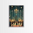 Elegant Ballroom Christmas Dance Scene with Holiday Lights and Decorations, Perfect Holiday Decor for Winter Wonderland, Framed Canvas Print