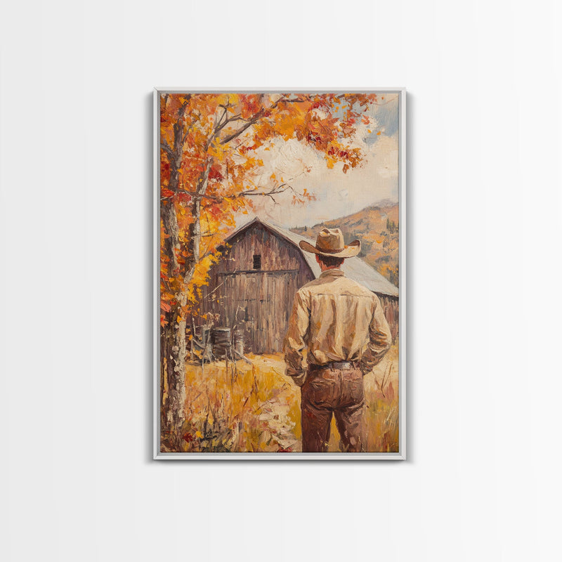 Autumn Cowboy Barn Framed Canvas Print - Fall Harvest Country Wall Art Best Gift Idea 2024 Rustic Farmhouse Decor