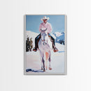 Lone Cowboy on White Horse in Snowy Landscape Canvas Print Winter Christmas Art Seasonal Wall Art Vintage Christmas Moody Landscape Gift