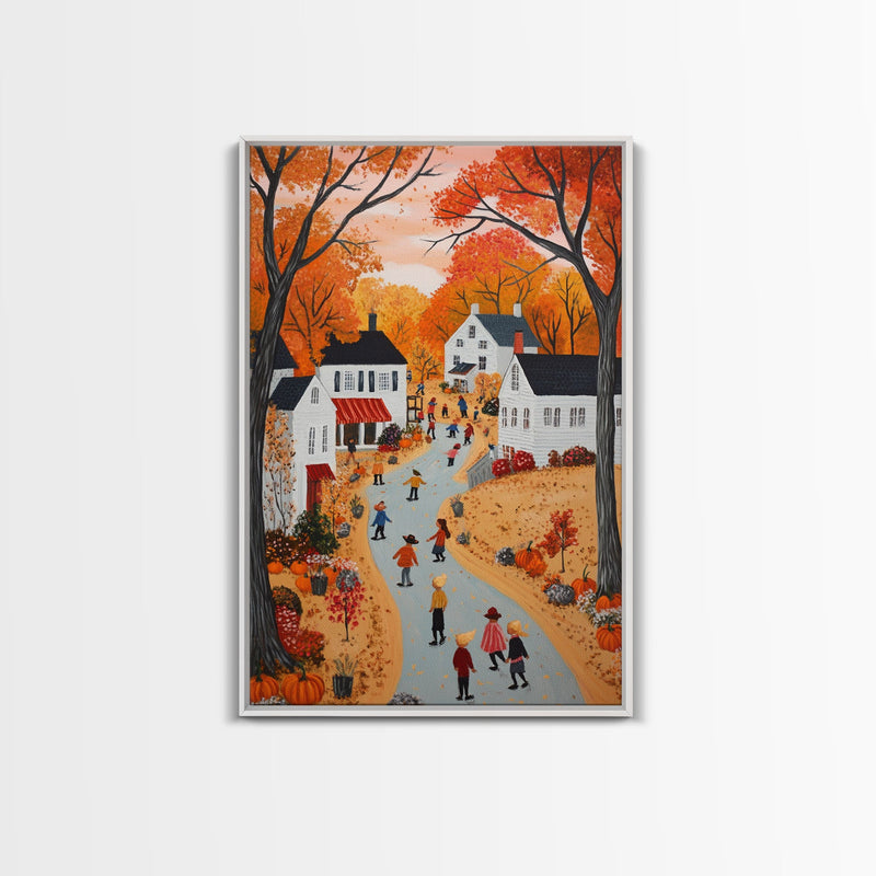 Autumn Village Scene Framed Canvas Print Tall Art With Fall Leaves And Pumpkins, Cozy Wall Art For Seasonal Farmhouse Decor