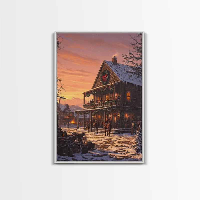 Western Town Christmas Framed Canvas Print Tall Art With Cowboys And Horses, Rustic Christmas Wall Art Home Decor Farmhouse Style