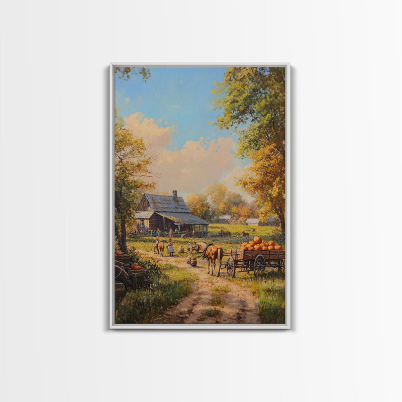 Autumn Farmhouse Harvest Scene With Pumpkins Framed Canvas Print Fall Wall Art Seasonal Home Decor Thanksgiving Wall Art Rustic Gift Idea