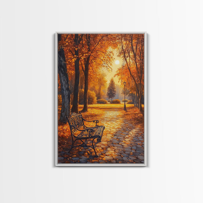 Autumn Park Bench Scene With Trees And Lamppost Framed Canvas Print Wall Art Fall Decor, Rustic Autumn Art Gift, Seasonal Canvas Art