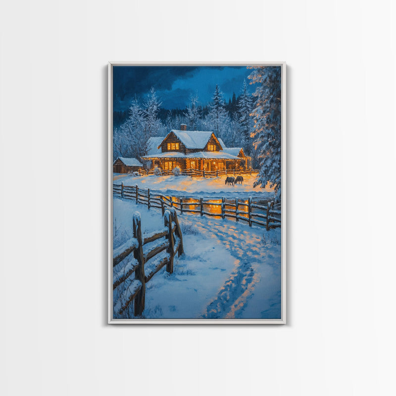 Warm Log Cabin In Snow Framed Canvas Print Wall Art Winter Holiday Decor, Country Christmas Art Gift, Rustic Winter Wonderland Art