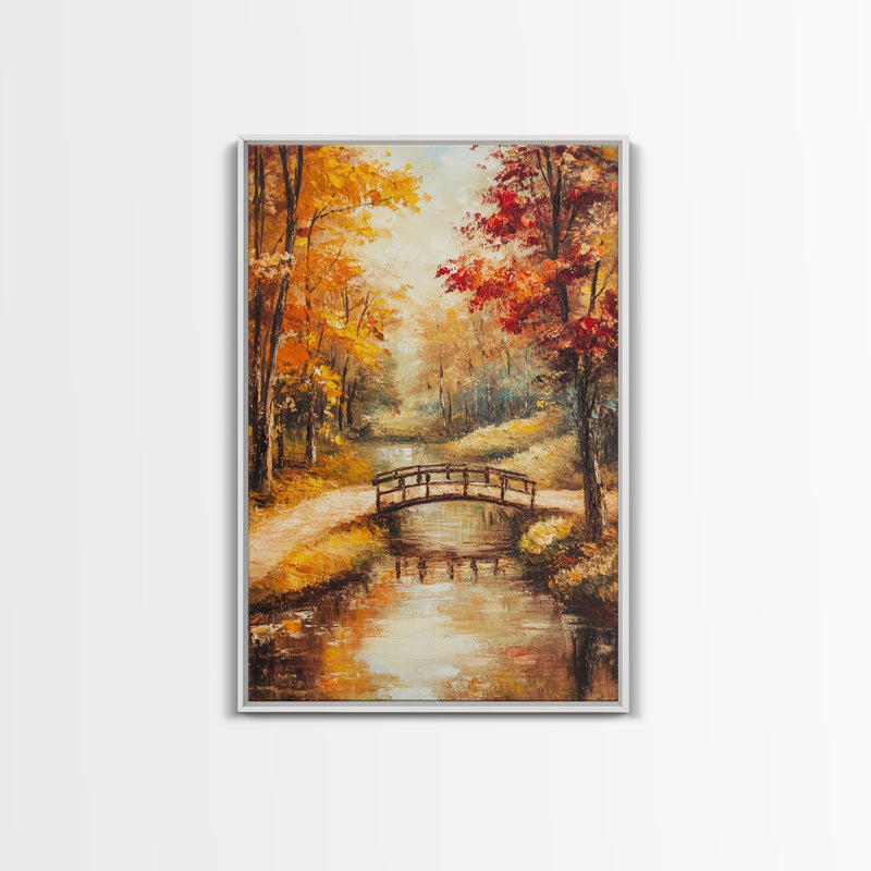 Autumn Bridge Over Stream Framed Canvas Print Wall Art Fall Landscape Decor, Rustic Autumn Art Gift, Seasonal Wall Art