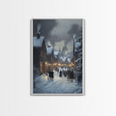 Traditional Victorian Christmas Village in Snow, Classic Christmas Wall Decor for Winter Wonderland Theme, Framed Canvas Print
