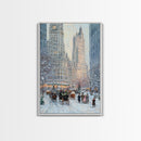 Historical City Winter Framed Canvas Print, Snowy Urban Landscape with Carriages and Victorian Architecture, Elegant Christmas Wall Art
