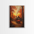 Autumn Cabin with Pumpkins Framed Canvas Print, Warm Fall Countryside Scene with Golden Leaves, Cozy Rustic Farmhouse Wall Art Decor